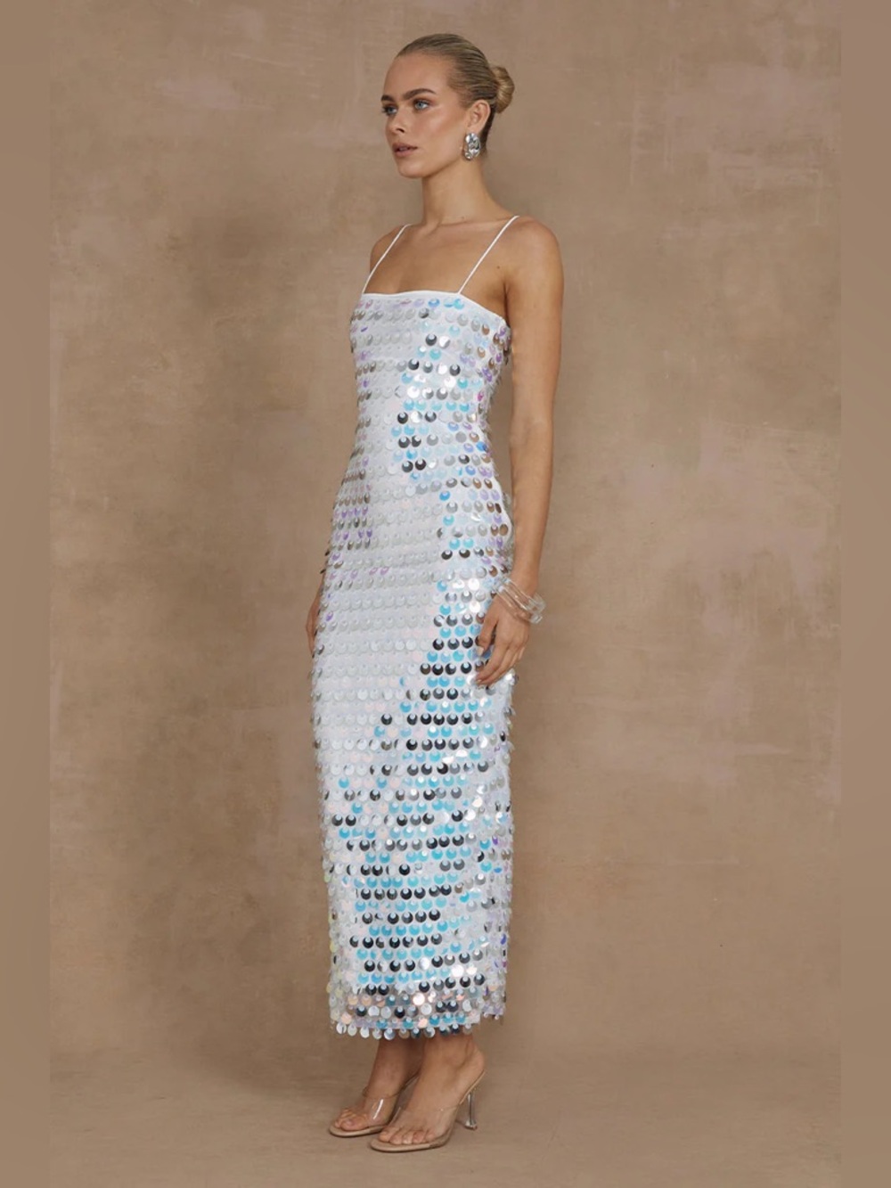 Runaway The Label Iridescent White Sequin Spaghetti-Strap Midi Dress M - Picture 4 of 10
